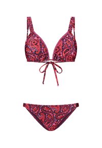 Paisley mintás bikini szett pink, piros és lila színben. Szegecses bralette, állítható pántokkal és megkötős elülső záródással rendelkezik.