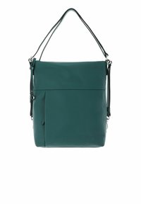 Sac bandoulière en cuir sarcelle avec un design plat, une bandoulière ajustable et une poche zippée à l'avant, présentant une texture lisse et un style minimaliste.