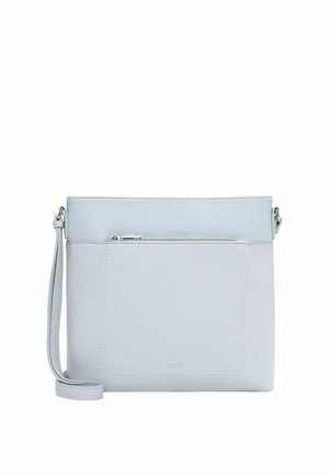 Hellgraue rechteckige Umhängetasche mit frontalem Reißverschlussfach und verstellbarem Riemen, gefertigt aus strukturiertem Leder.
