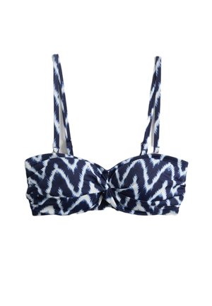 Granatowo-biały bikini top z wzorem zygzaka, z regulowanymi ramiączkami i skręconym węzłem na środku przodu.
