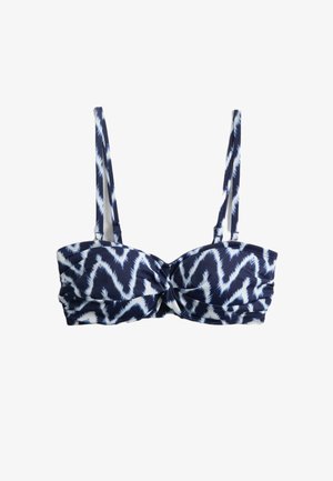 Marineblau-weiß gestreiftes Bikinioberteil mit Zickzackmuster, verstellbaren Trägern und einem gedrehten Knotendetail in der vorderen Mitte.