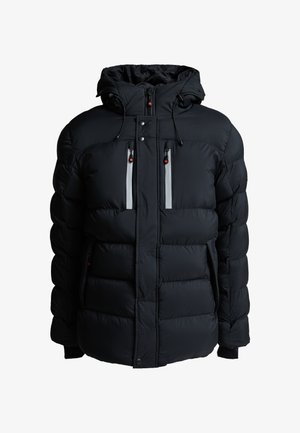 Black puffer jacket with a hood, featuring two zippered chest pockets, elastic cuffs, and contrasting gray accents on the pockets.