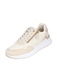 Zapatilla atlética beige con diseño perforado, suela blanca y acentos dorados. Cuenta con un zipper lateral y tejido texturizado para mayor transpirabilidad.