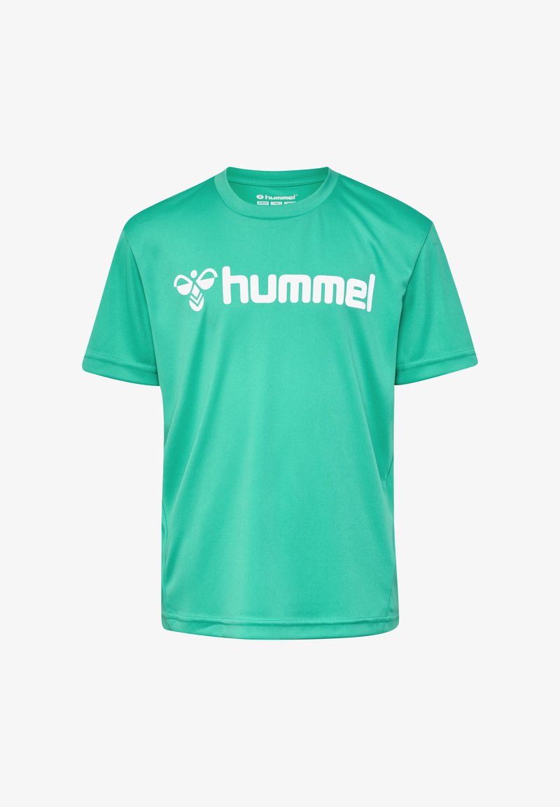 Türkises Sport-T-Shirt aus leichtem Stoff, mit Rundhalsausschnitt und großem weißen "hummel"-Logo auf der Vorderseite.