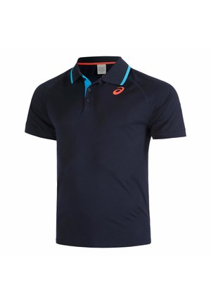 Marineblauw polohemd met korte mouwen, turkooise kraagafwerking en oranje logo op de linkerborst. Drieknopsbies.