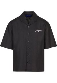 Black short-sleeve shirt made of lightweight fabric, featuring a notched collar, button closure, and white embroidered "pequ" detail on the front.