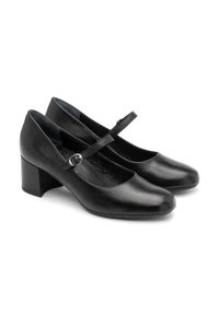 Chaussures Mary Jane en cuir noir avec une pointe arrondie, une sangle sur le cou-de-pied et un talon carré. Texture lisse et finition polie.