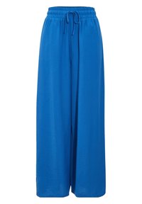 Pantalon large bleu en tissu léger, doté d'une taille élastique avec cordon de serrage, d'une texture lisse et de fentes latérales.