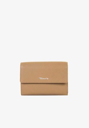 Tan leather wallet with a textured finish, featuring a flap closure and embossed logo on the front. Compact rectangular shape.