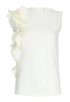 Top bianco senza maniche con grande dettaglio in tessuto arricciato che corre verticalmente lungo la spalla sinistra e il lato.