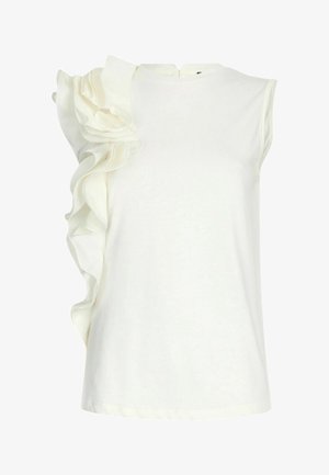 Top bianco senza maniche con grande dettaglio in tessuto arricciato che corre verticalmente lungo la spalla sinistra e il lato.