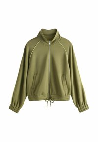 Veste zippée vert olive à manches longues, col montant, poignets élastiques, poches avant et ourlet avec cordon de serrage ajustable.
