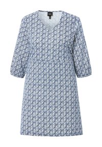 V-Ausschnitt-Kleid aus leichtem Stoff mit einem blau-weißen wirbelnden Muster, 3/4-Ärmeln und einer lockeren Passform.