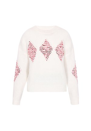 Suéter blanco con diseños en forma de diamante en rojo y rosa, con un ajuste ligeramente holgado, cuello redondo y puños y dobladillo de canalé.