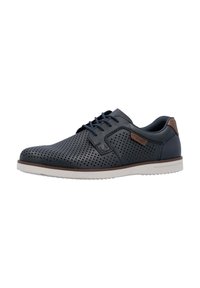 Navy perforated leather shoe with light brown accents, lace-up design, and a white rubber sole, featuring a smooth texture and rounded toe.