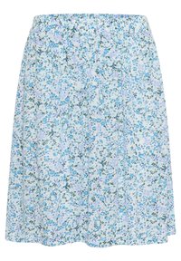 Floral skirt with an elastic waist, featuring a light blue background adorned with small blue and green floral patterns.