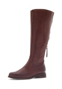 Bota de cuero marrón hasta la rodilla con un diseño elegante, detalle de cremallera lateral, tacón bajo apilado y textura suave.