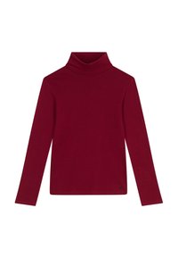 Maglione a collo alto bordeaux con maniche lunghe, realizzato in tessuto morbido e elasticizzato; presenta un design aderente e un piccolo logo vicino all'orlo.