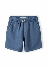 Shorts in cotone blu con vita regolabile tramite coulisse, due tasche laterali e una texture morbida. Design semplice senza fantasie o dettagli.