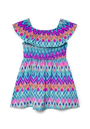 Vestito senza maniche per ragazze con scollatura arricciata e vivace motivo a zigzag nei colori blu, rosa, viola e arancione.