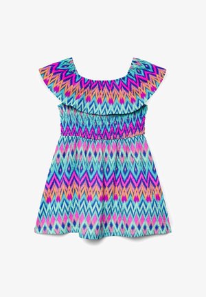 Vestito senza maniche per ragazze con scollatura arricciata e vivace motivo a zigzag nei colori blu, rosa, viola e arancione.