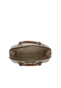 Borsa a mano con motivo tan, con un'esterno liscio e dettagli in pelle marrone. La parte superiore con zip rivela un interno beige con logo del marchio ripetuto.