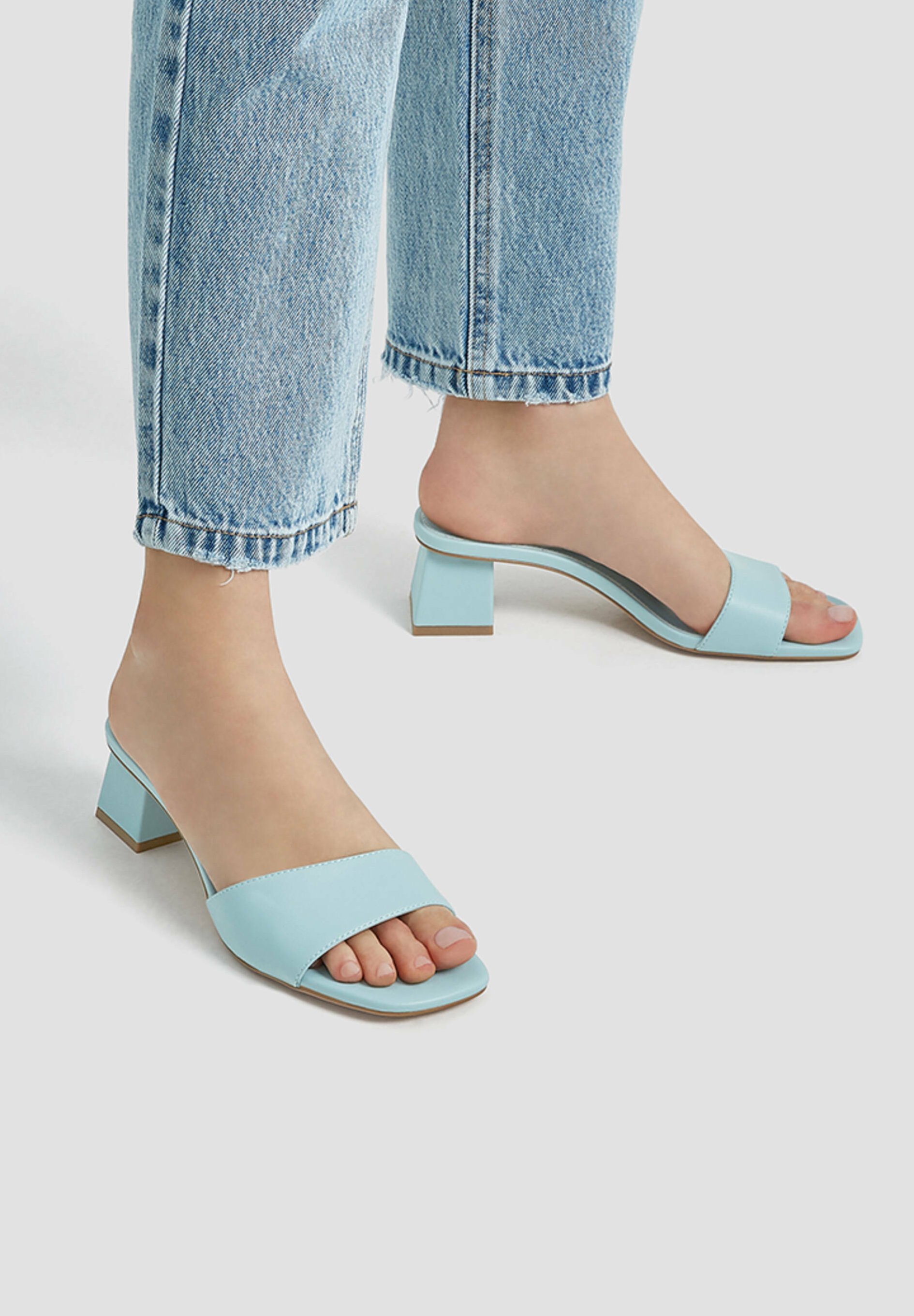 light blue heeled mules