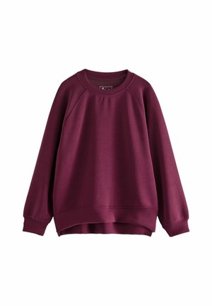 Maroon sweatshirt with a round neckline, long raglan sleeves, and a relaxed fit. Smooth texture with ribbed cuffs and hem detail.