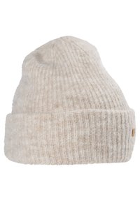 Caciula tricotată în bej deschis, cu o textură striată, vârf rotund și manșetă pliată. Etichetă mică cu logo pe lateral.