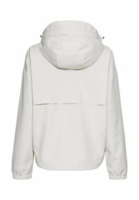 Witte jas met een capuchon, elastische manchetten en een brede rugventilatie. Gladde stof met een minimalistisch ontwerp en geen opvallende hardware.