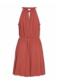 Rustfarbiges ärmelloses Kleid mit Krawattenhals, geraffter Taille und ausgestellt Rock. Der Stoff wirkt leicht und leicht strukturiert.