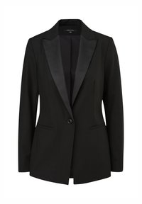 Blazer noir pour femme avec revers en satin, fermeture par un bouton et poches passepoilées devant, taille 38.
