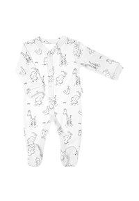 Biała niemowlęca body z czarnymi wzorami zwierząt, w tym żyrafami i słoniami, z zatrzaskami z przodu i na stopach dla łatwego ubierania.