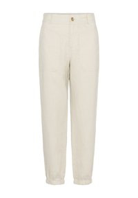Jasno beżowe lniane spodnie o luźnym kroju, z zapięciem na guzik, dwiema przednimi kieszeniami i elastycznymi mankietami przy kostkach.