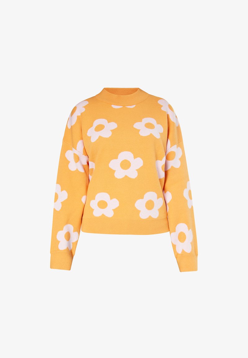 Maglione giallo con scollatura a giro e maniche lunghe. Decorato con grandi motivi floreali bianchi su tutta la superficie. Texture liscia.