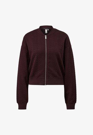 Dunkelviolette Cable-Knit Bomberjacke mit silbernem Reißverschluss auf der Vorderseite, geripptem Kragen, Bündchen und Saum, langen Ärmeln und lockerer Passform.