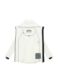 Giacca bianca con cappuccio e rifiniture nere mostrata al rovescio, con una tasca con cerniera e simboli di cura stampati sul lato interno posteriore destro.