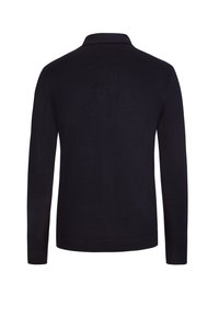 Marineblauer Langarm-Pullover mit Kragen, aus glattem Stoff gefertigt. Hat einen gerippten Saum und Bündchen, das Rückendesign ist schlicht ohne zusätzliche Details.