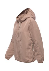 Lekka, różowa kurtka z kapturem, pełnym zamkiem błyskawicznym, elastycznymi mankietami i bocznymi kieszeniami. Gładka tekstura z minimalistycznym wzornictwem.