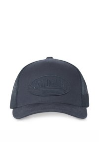 Navy blue trucker cap with mesh sides, features a raised embroidered logo patch reading "Von Dutch California" on the front.