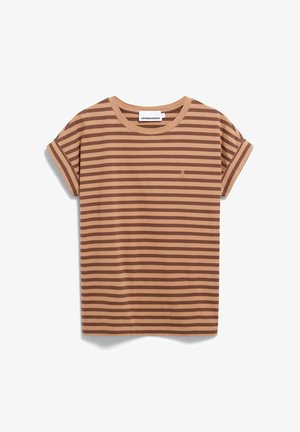 Gestreiftes braunes und beiges T-Shirt aus weicher Baumwolle, mit kurzen umgeschlagenen Ärmeln und einem runden Halsausschnitt. Kleines Emblem auf der Brust.