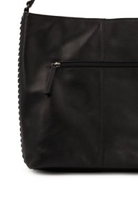 Black leather handbag with a smooth texture, featuring a zippered pocket and braided detailing along the seam. Designed for a structured shape.