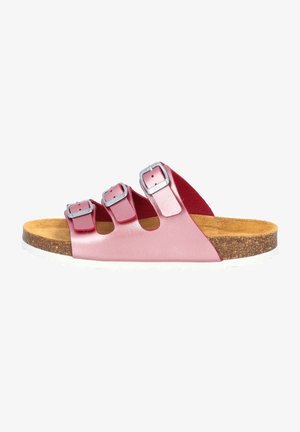 Infradito rosa con tre cinturini regolabili in metallo, suola in sughero e suola in gomma bianca. Finitura in pelle liscia e texture morbida.