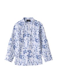Camicia bianca a maniche lunghe con un motivo floreale blu, colletto alla coreana e chiusura con bottoni sul davanti e sui polsini. Tessuto dalla texture liscia.