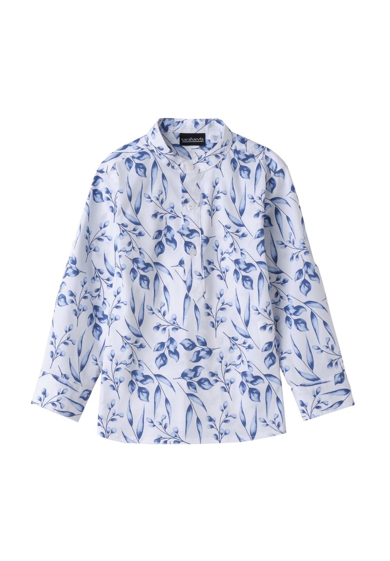 Camicia bianca a maniche lunghe con un motivo floreale blu, colletto alla coreana e chiusura con bottoni sul davanti e sui polsini. Tessuto dalla texture liscia.