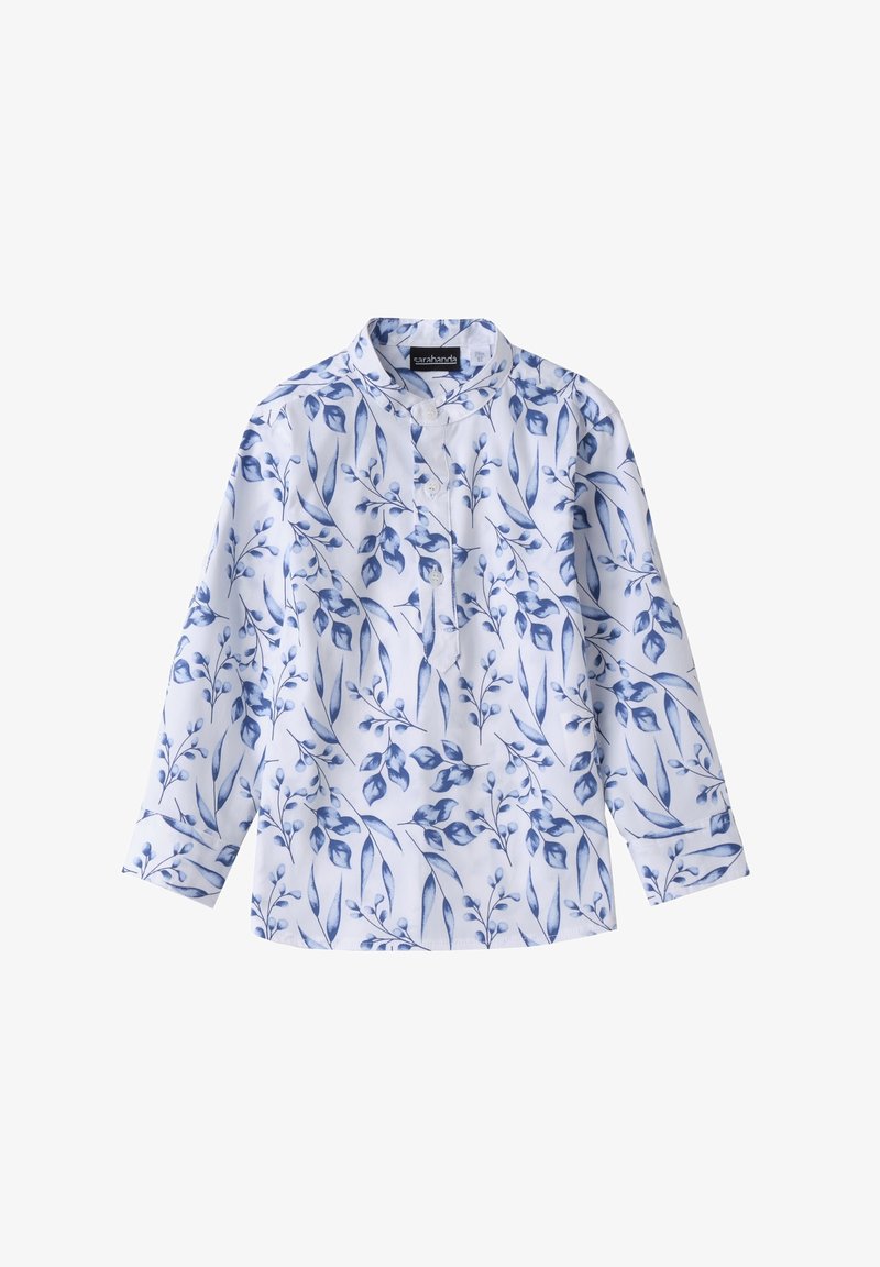 Camicia bianca a maniche lunghe con un motivo floreale blu, colletto alla coreana e chiusura con bottoni sul davanti e sui polsini. Tessuto dalla texture liscia.