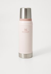 Stellenløst stål vakuumflaske med en rosa matt finish, rund kropp og et sølvfarget skruelokk. Har en hevet logo foran.