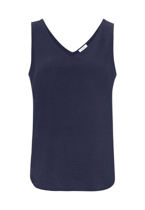 Marineblaues ärmelloses Oberteil mit V-Ausschnitt, aus glattem Stoff gefertigt, mit lockerer Passform und geradem Saum. Keine sichtbaren Muster oder Akzente.
