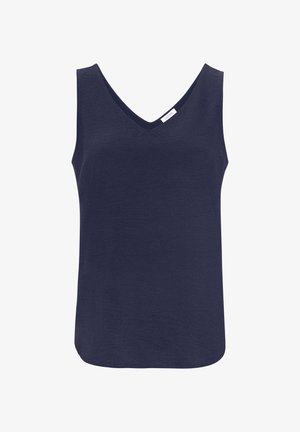 Top sans manches bleu marine avec un col en V, fabriqué à partir d'un tissu lisse, présentant une coupe décontractée et un ourlet droit. Aucun motif ou accent visible.