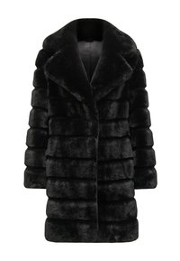 Cappotto in pelliccia sintetica nera con una morbida texture a coste, colletto ampio e silhouette dritta. Nessun hardware o decorazione visibili.
